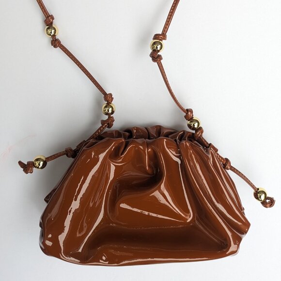 Brown Leather Crossbody Bag Small Pouch Purse with Gold Beads Shiny Mini Bag NW - Picture 2 of 11